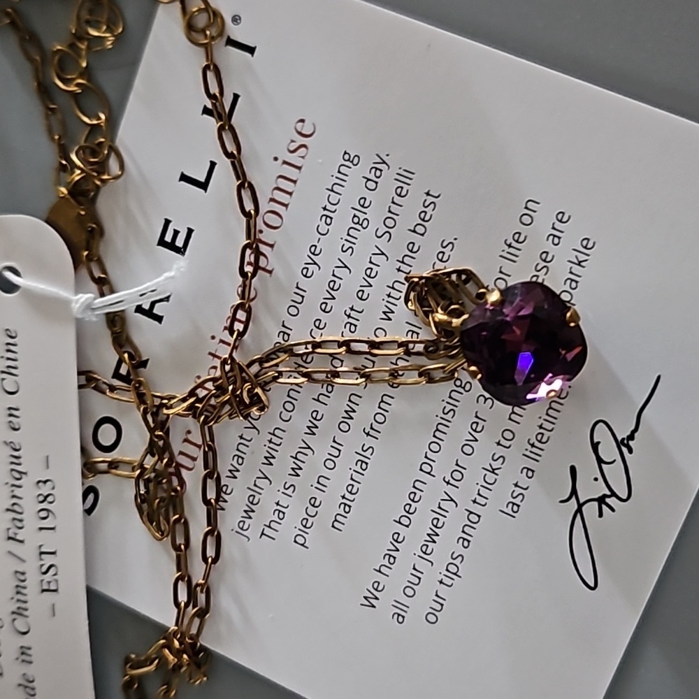SORRELLI Siren Cushion Cut Pendant Necklace Amethyst with Antique Gold Chain - Picture 4 of 9